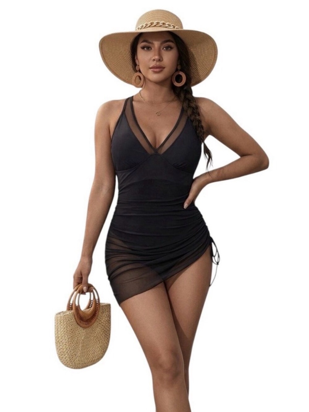 NEW BLOOMING JELLY SIZE XL Black One-Piece Swim Dress attached Mesh Sheer Cover